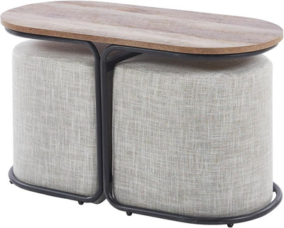 3 Piece Set Coffee Table & Ottoman Wood Side End Table Industrial Rustic - Cream Grey