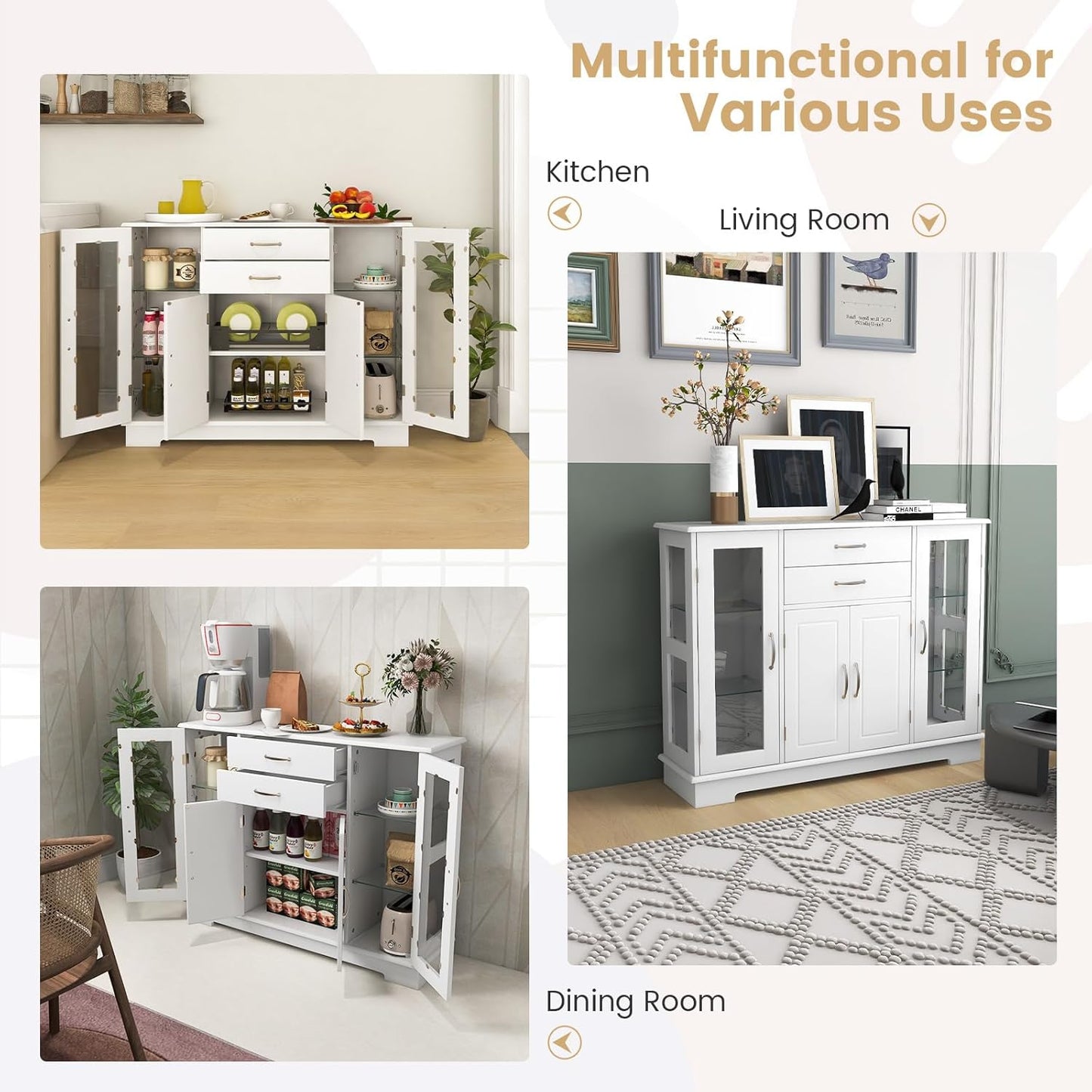 Buffet Sideboard W/Glass Door, Kitchen Storage Organizer W/ 2 Drawers & 3 Cabinets, Multifunctional Display Cabinet Console Table W/ 5 Adjustable Shelves for Kitchen Living Room White
