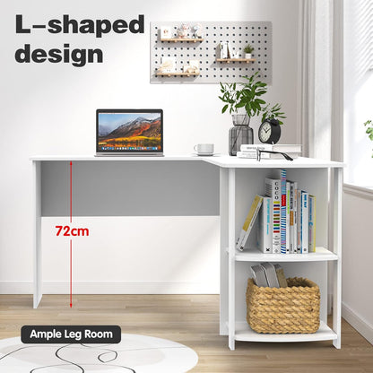 Ufurniture L-Shaped Corner Computer Desk Home Office Desk Study Table Workstation Writing Large L Shaped Desk with 2 Storage Shelves (White)
