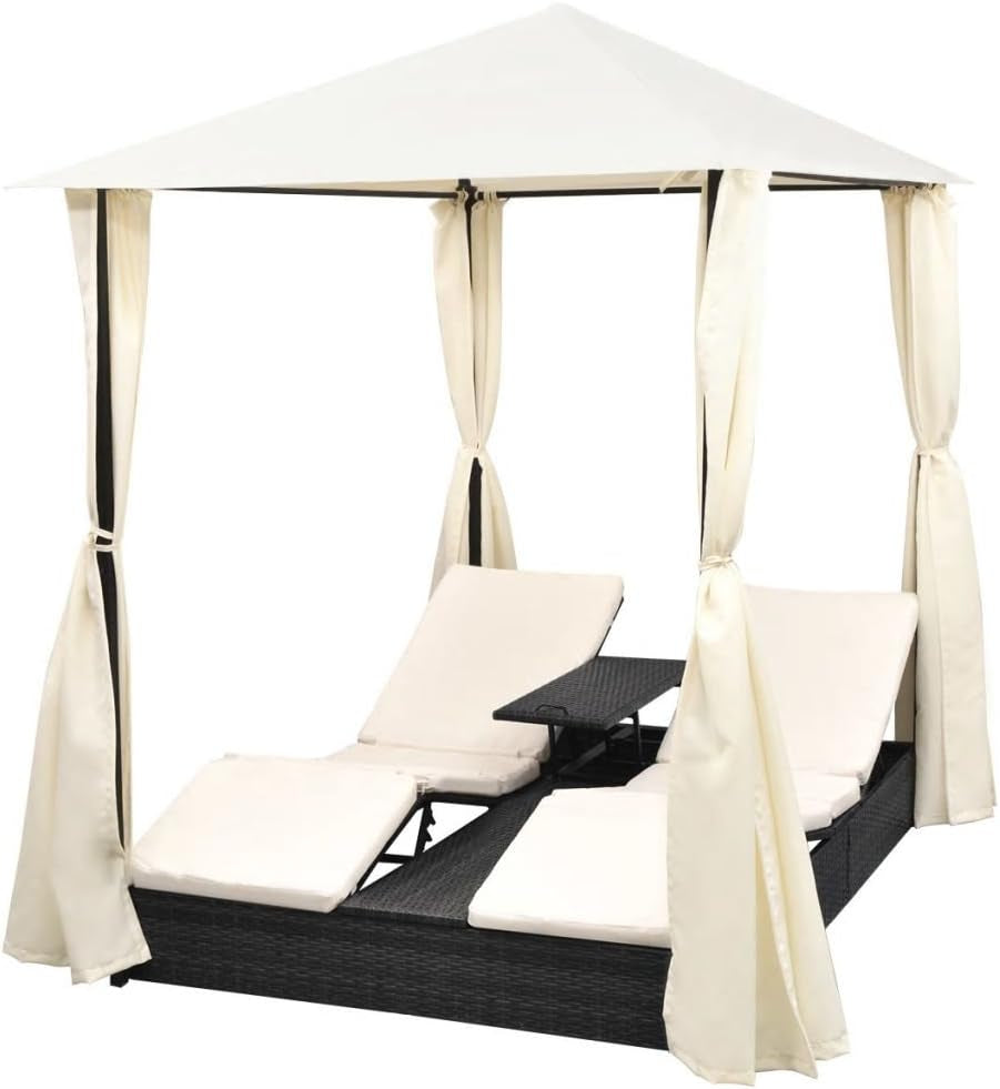 Chaise Lounge with Canopy Patio Furniture Outdoor Poolside Garden Adjustable Sun Lounge Poly Rattan Bed with Cushion for Patio Lawn Garden Backyard Porch Pool