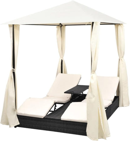 Chaise Lounge with Canopy Patio Furniture Outdoor Poolside Garden Adjustable Sun Lounge Poly Rattan Bed with Cushion for Patio Lawn Garden Backyard Porch Pool