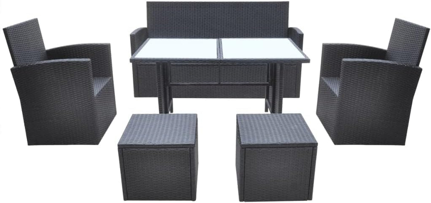 6-Piece Outdoor Dining Set with Cushions - Stylish and Durable Poly Rattan Construction - Black Outdoor Furniture with Easy-Care Cushions