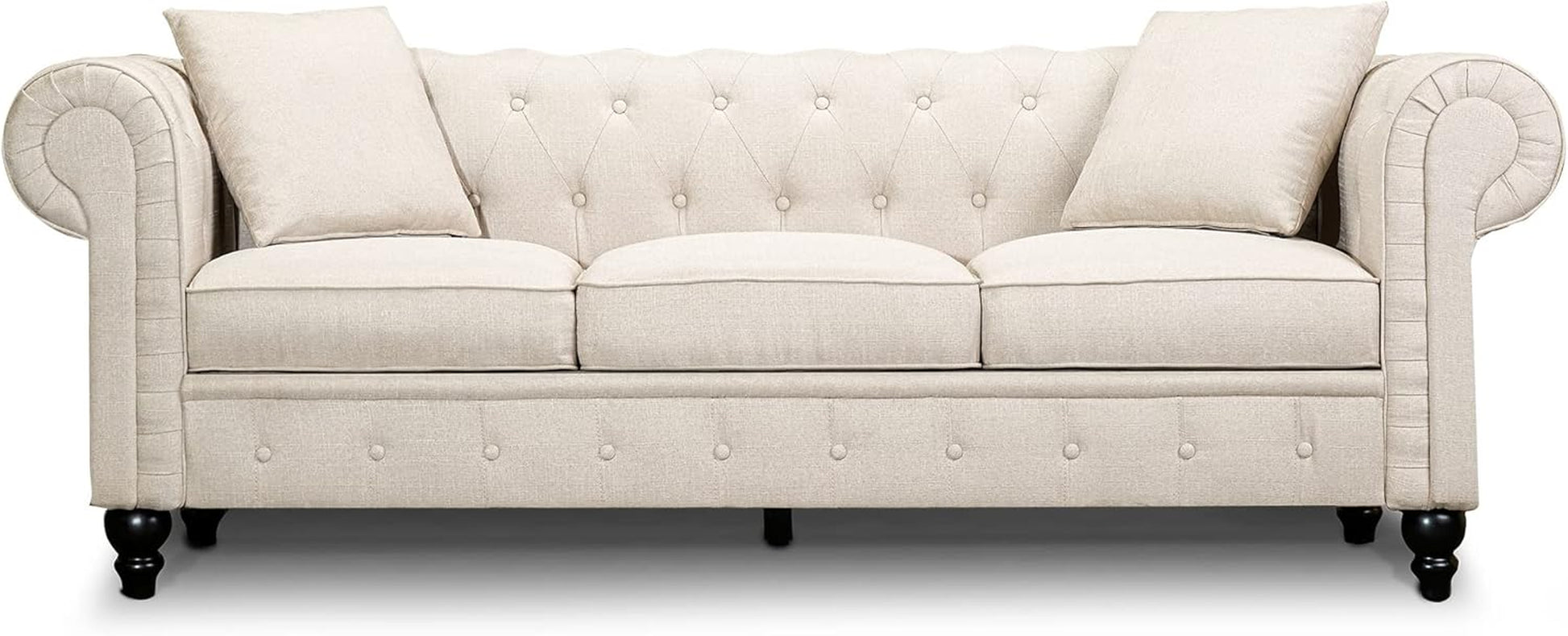 Cerna Chesterfield Sofa Lounge - Diamond Stitching, Swiss Linen-Blend Upholstery, Medium-Firm Cushions, Decorative Pillows, and Easy Assembly in Timeless Elegance, Beige