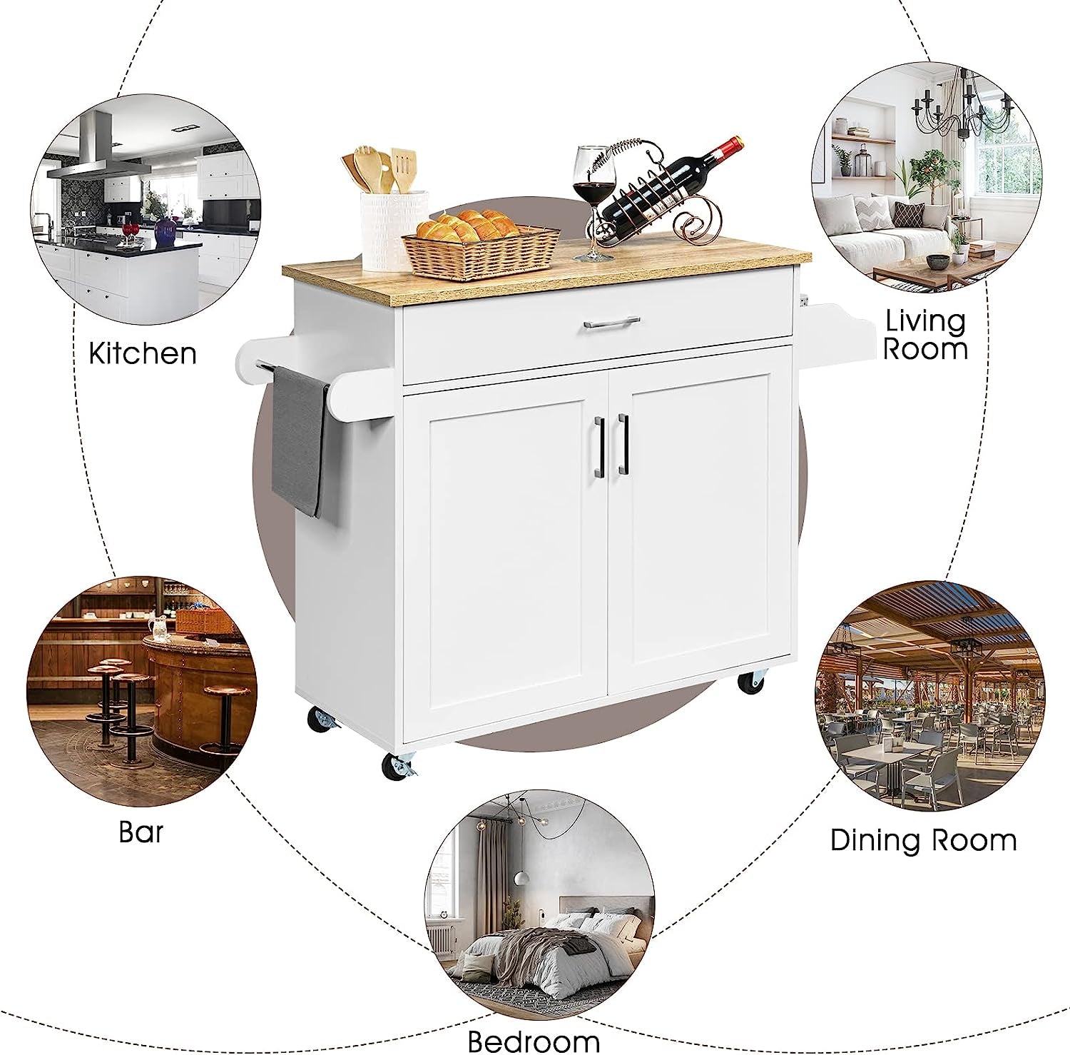 Giantex Wooden Rolling Kitchen Island, Storage Cart Trolley W/Adjustable Shelf, Spice Storage Sgelf, Towel Rack & Drawer, Utility Buffet Cabinet W/Beech Top for Kitchen Dinning Room Canteen, White