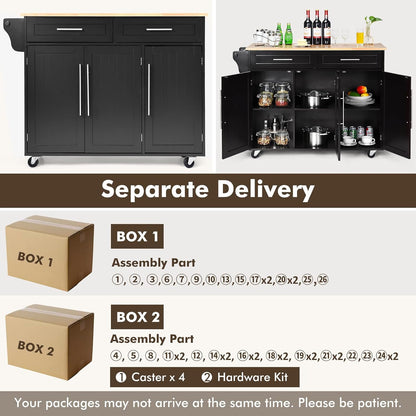Mobile Kitchen Island Cart, Rolling Storage Trolley with Towel Bar, 2 Deep Drawers, 3 Door Cabinets, Swivel Casters, Rubber Wood Top, for Kitchen Dining Room (Black)