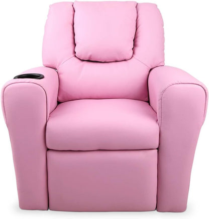 Keezi Kids Recliner Chair, PU Leather Sofa Couch Armchair Loungefly Outdoor Lounge Chairs Home Bedroom Living Room Playroom Children Furniture, with 9Cm Thick Foam Adjustable Precise Recline Pink