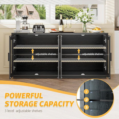 Wine Bar Cabinet with LED Light, 65" Sideboard Buffet Cabinet with Storage, Modern Home Coffee Bar Cabinet with Smart Human Sensor for Kitchen Dining Room Living Room, Black