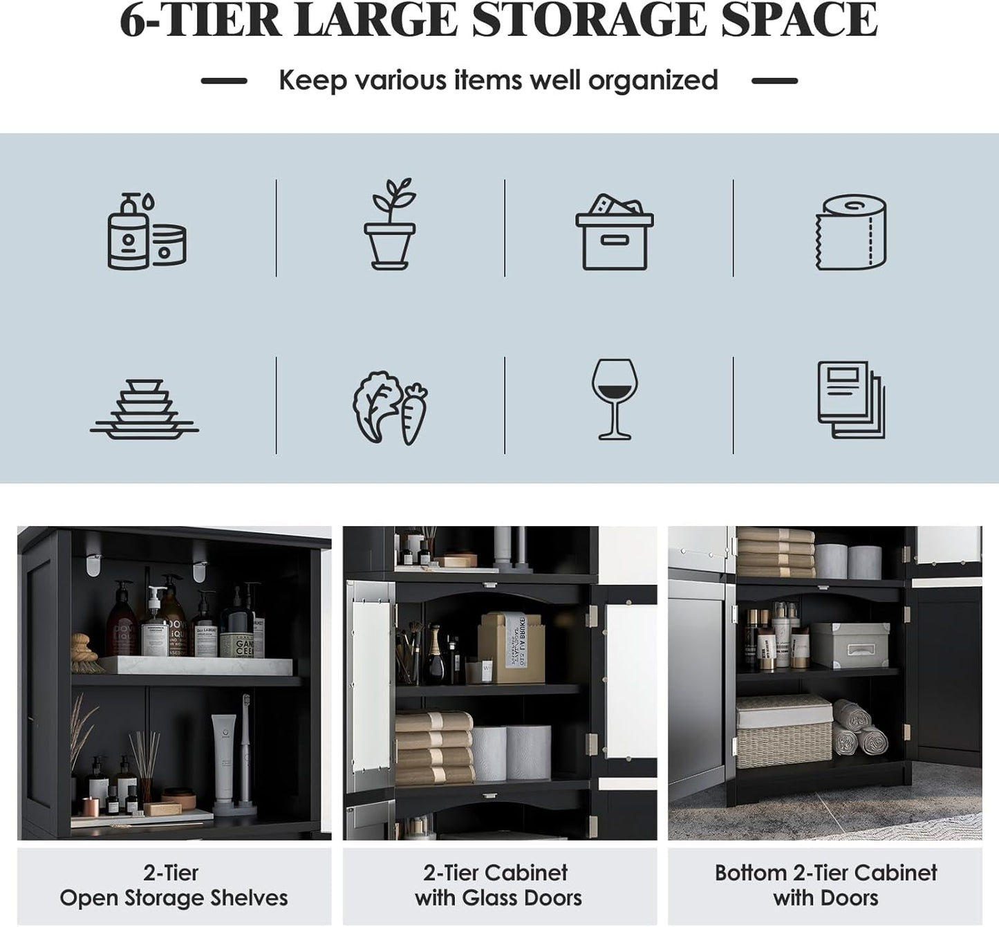 Giantex 163Cm Bathroom Storage Cabinet, Kitchen Pantry Cupboard with Glass Doors, Open Storage Shelves & 3-Level Adjustable Shelves, Tall Storage Buffet Sideboard for Living Room Kitchen, Black