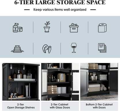 Giantex 163Cm Bathroom Storage Cabinet, Kitchen Pantry Cupboard with Glass Doors, Open Storage Shelves & 3-Level Adjustable Shelves, Tall Storage Buffet Sideboard for Living Room Kitchen, Black