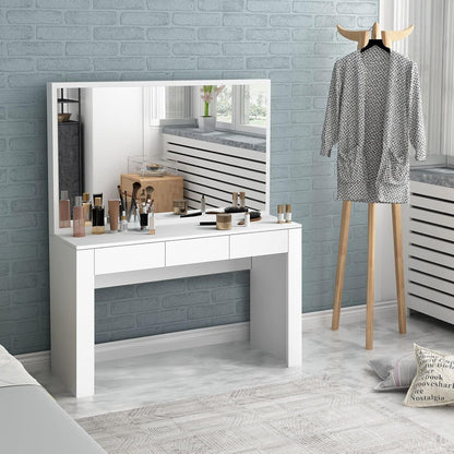 Dressing Table with Mirror Vanity Makeup Table with 3 Drawers Storage Modern Bedroom Furniture White