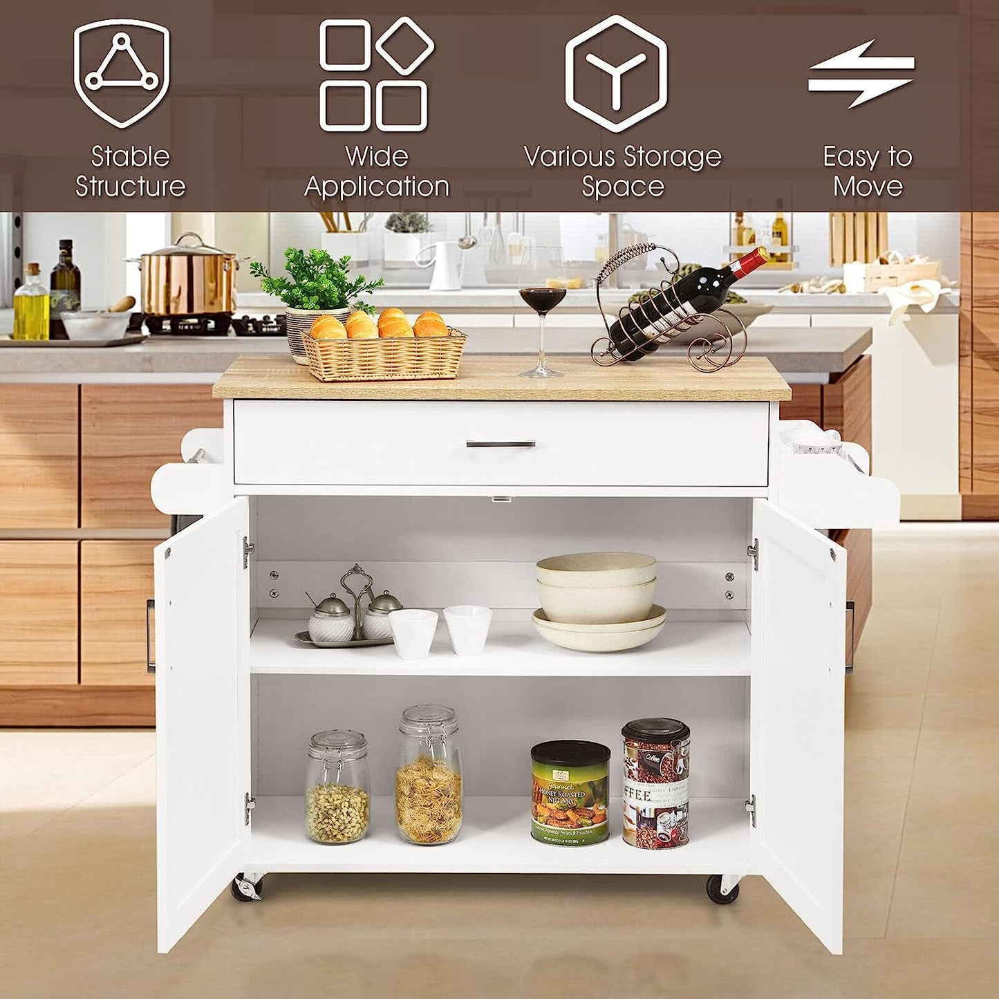 Giantex Wooden Rolling Kitchen Island, Storage Cart Trolley W/Adjustable Shelf, Spice Storage Sgelf, Towel Rack & Drawer, Utility Buffet Cabinet W/Beech Top for Kitchen Dinning Room Canteen, White