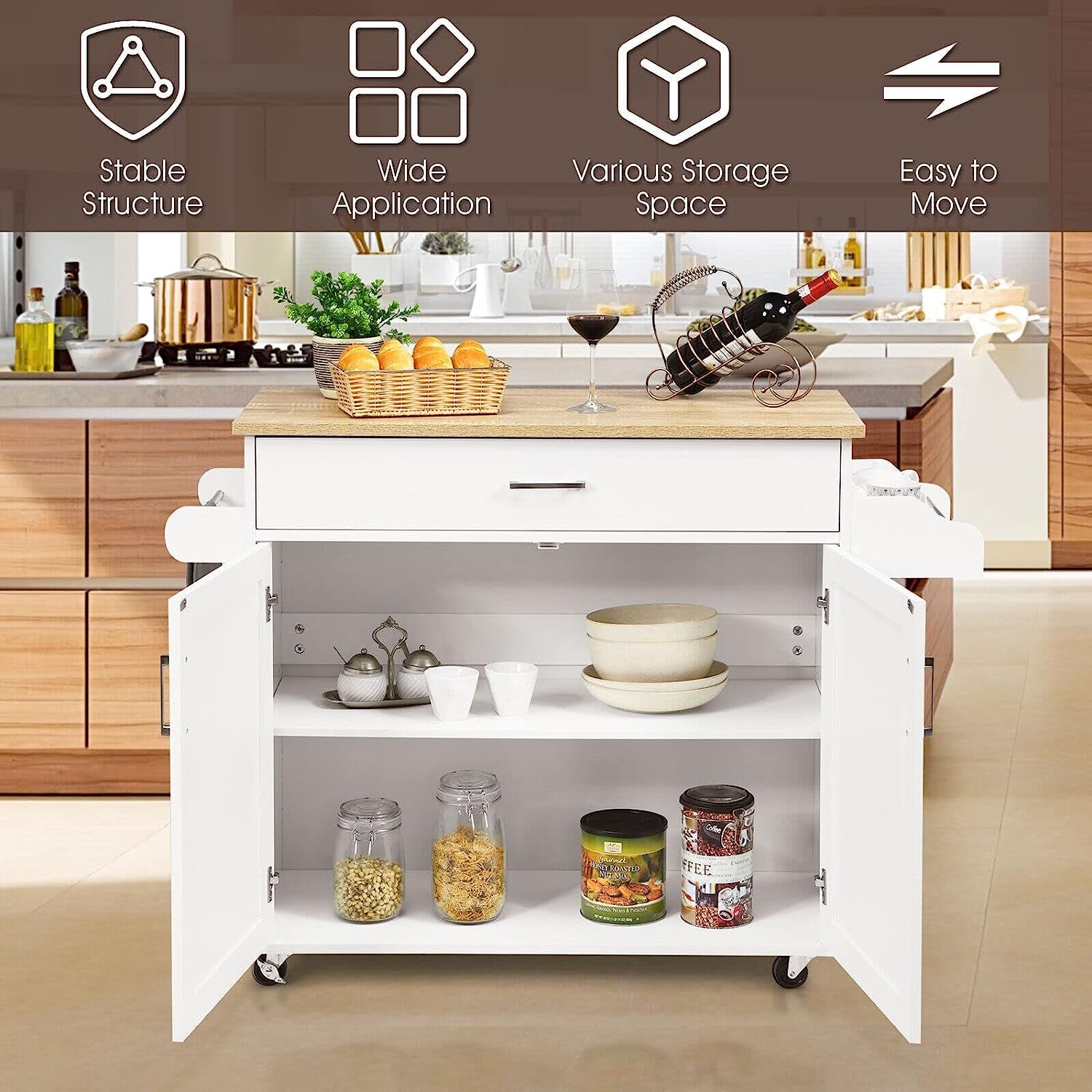 Giantex Wooden Rolling Kitchen Island, Storage Cart Trolley W/Adjustable Shelf, Spice Storage Sgelf, Towel Rack & Drawer, Utility Buffet Cabinet W/Beech Top for Kitchen Dinning Room Canteen, White