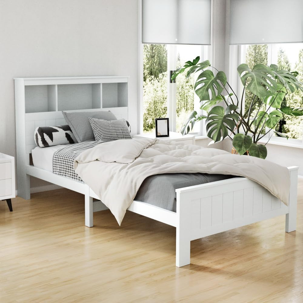 King Single Bed Frame Platform Wooden Timber Frames with Bookshelf Beds Base 