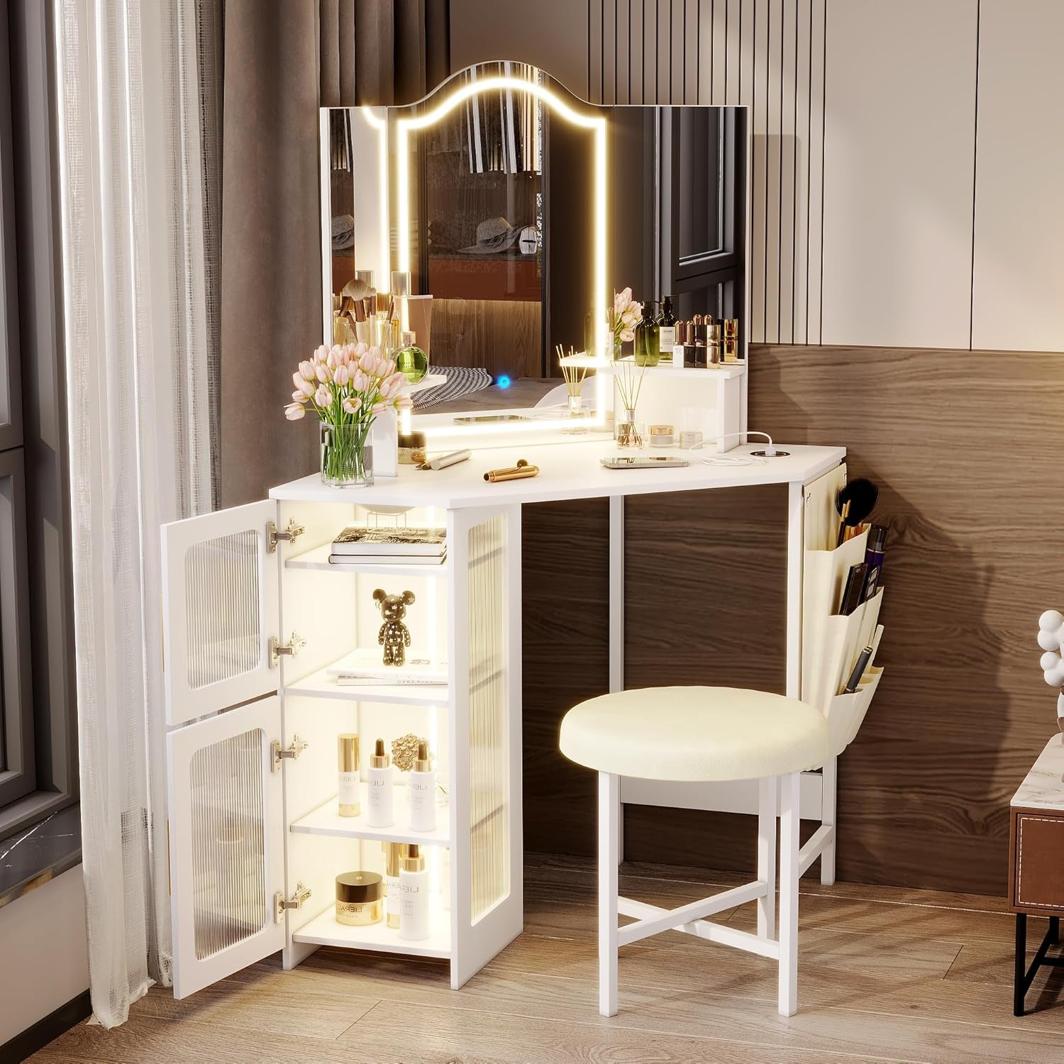 Dressing Table with Mirror and Lights, Charging Station, Corner Makeup Vanity with Storage Cabinet and Shelves, Modern Vanity Set with Stool for Bedroom (White)
