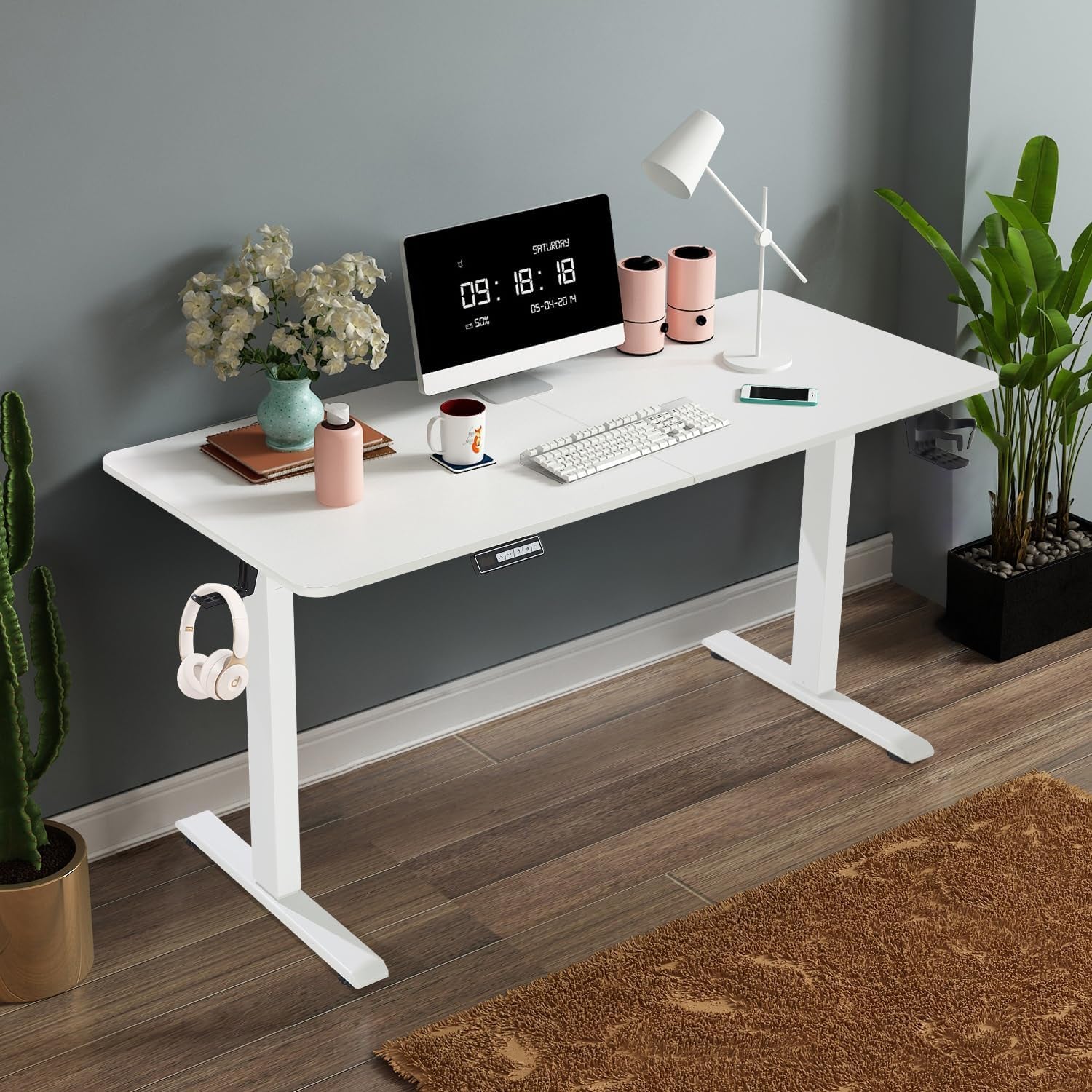 Height Adjustable Electric Standing Desk,160 X 70Cm Splice-Piece Board,Rising Home Office Computer Table with Memory Controller (White, 160 X 70Cm)