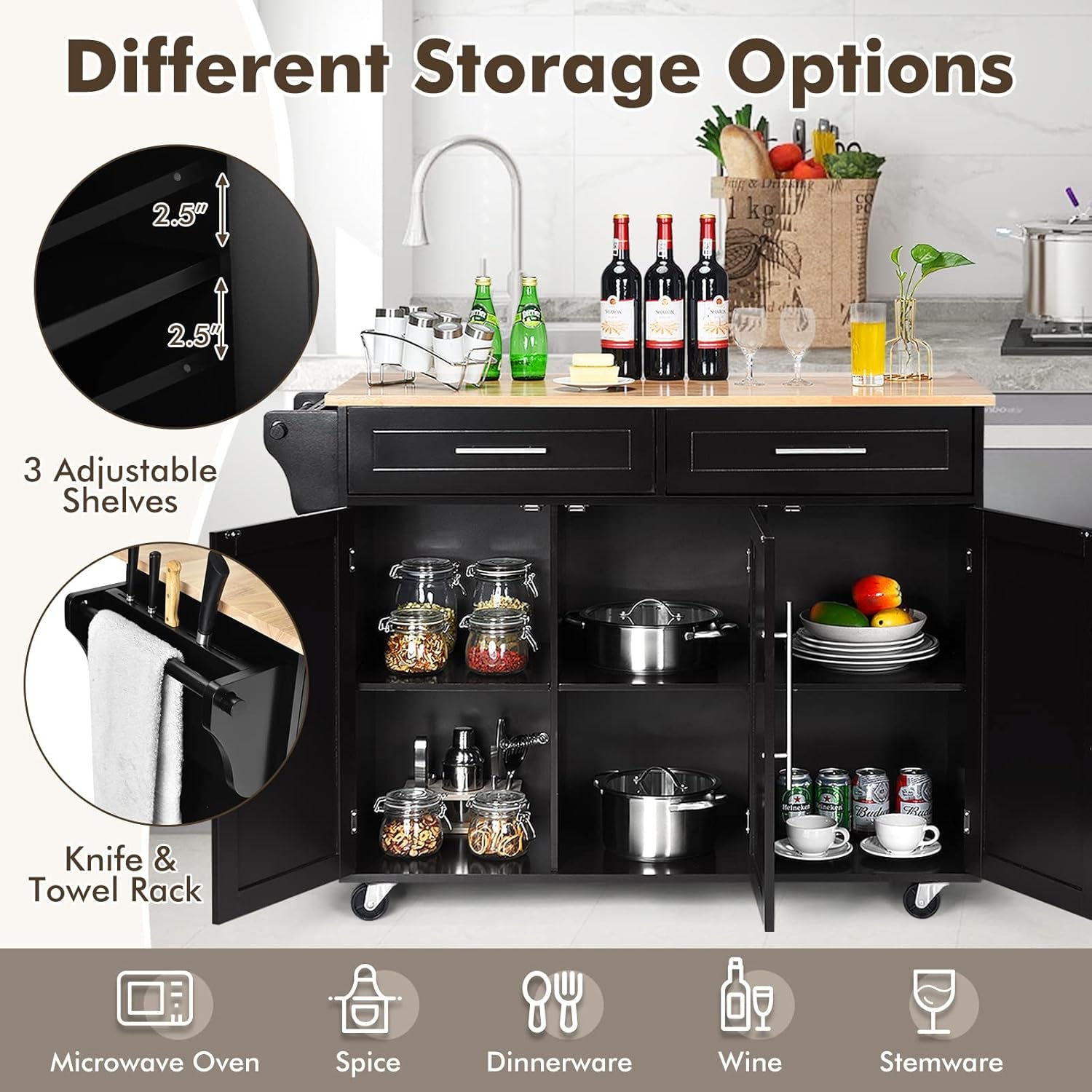 Mobile Kitchen Island Cart, Rolling Storage Trolley with Towel Bar, 2 Deep Drawers, 3 Door Cabinets, Swivel Casters, Rubber Wood Top, for Kitchen Dining Room (Black)