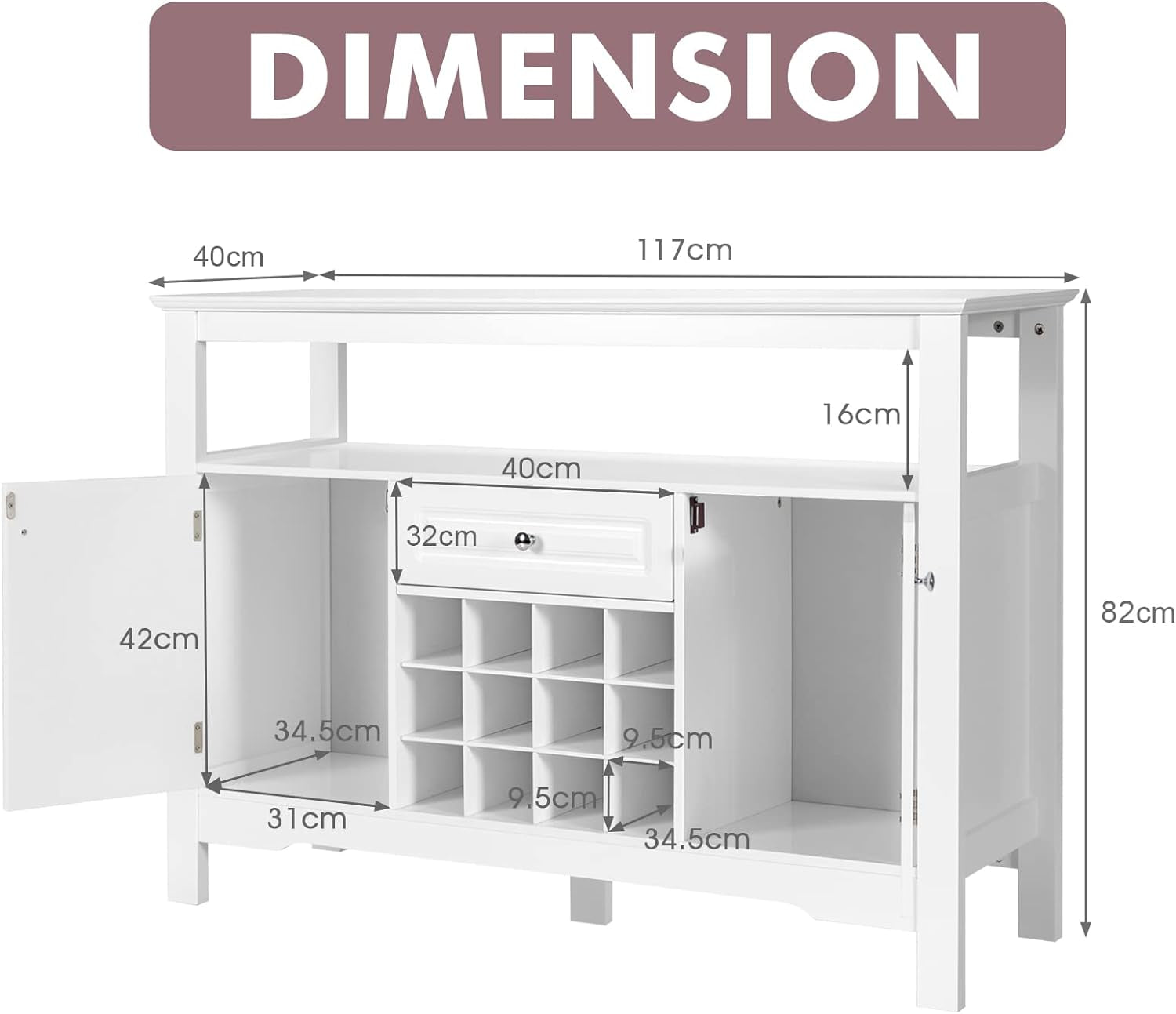 Wood Wine Cabinet, Sideboard Buffet (White)