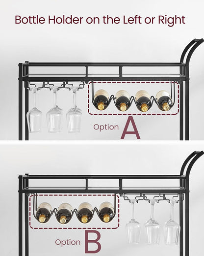 Bar Cart Black, Home Bar Serving Cart, Wine Cart with 2 Mirrored Shelves, Wine Holders, Glass Holders, for Kitchen, Dining Room, Black ULRC090B62