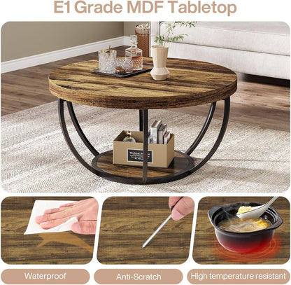 Round Coffee Table, 80Cm Wooden 2-Tier Circle Coffee Table Storage, Modern Low Coffee Table, Rustic Brown