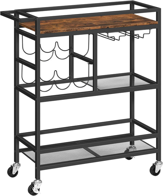 Bar Cart for Home, 3-Tier Serving Cart with Wheels and Handle, Beverage Cart with Wine Rack and Glass Holders, Rolling Wine Cart for Kitchen, Dining Room, Rustic Brown RCHR6101