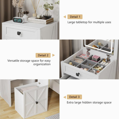 Farmhouse Vanity Desk with Mirror&Lights, 3 in 1 Small Makeup Vanity Set with Stool, Space-Saving Makeup Vanity with Storage Compartment, Dressing Table for Bedroom/Cloakroom, White