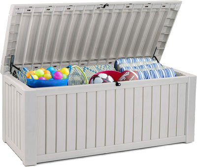Storage Box/Cushion Box 570 Litres 100% Waterproof with Ventilation so No Bad Odour/Mould Modern Wood Look Lid Maximum Load 250 Kg (2 People) (White)