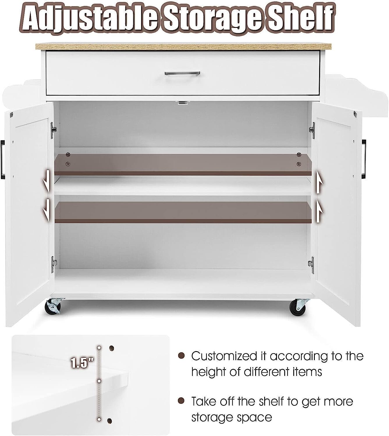 Giantex Wooden Rolling Kitchen Island, Storage Cart Trolley W/Adjustable Shelf, Spice Storage Sgelf, Towel Rack & Drawer, Utility Buffet Cabinet W/Beech Top for Kitchen Dinning Room Canteen, White