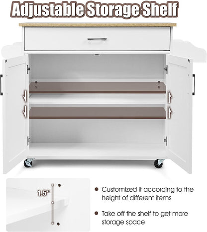 Giantex Wooden Rolling Kitchen Island, Storage Cart Trolley W/Adjustable Shelf, Spice Storage Sgelf, Towel Rack & Drawer, Utility Buffet Cabinet W/Beech Top for Kitchen Dinning Room Canteen, White
