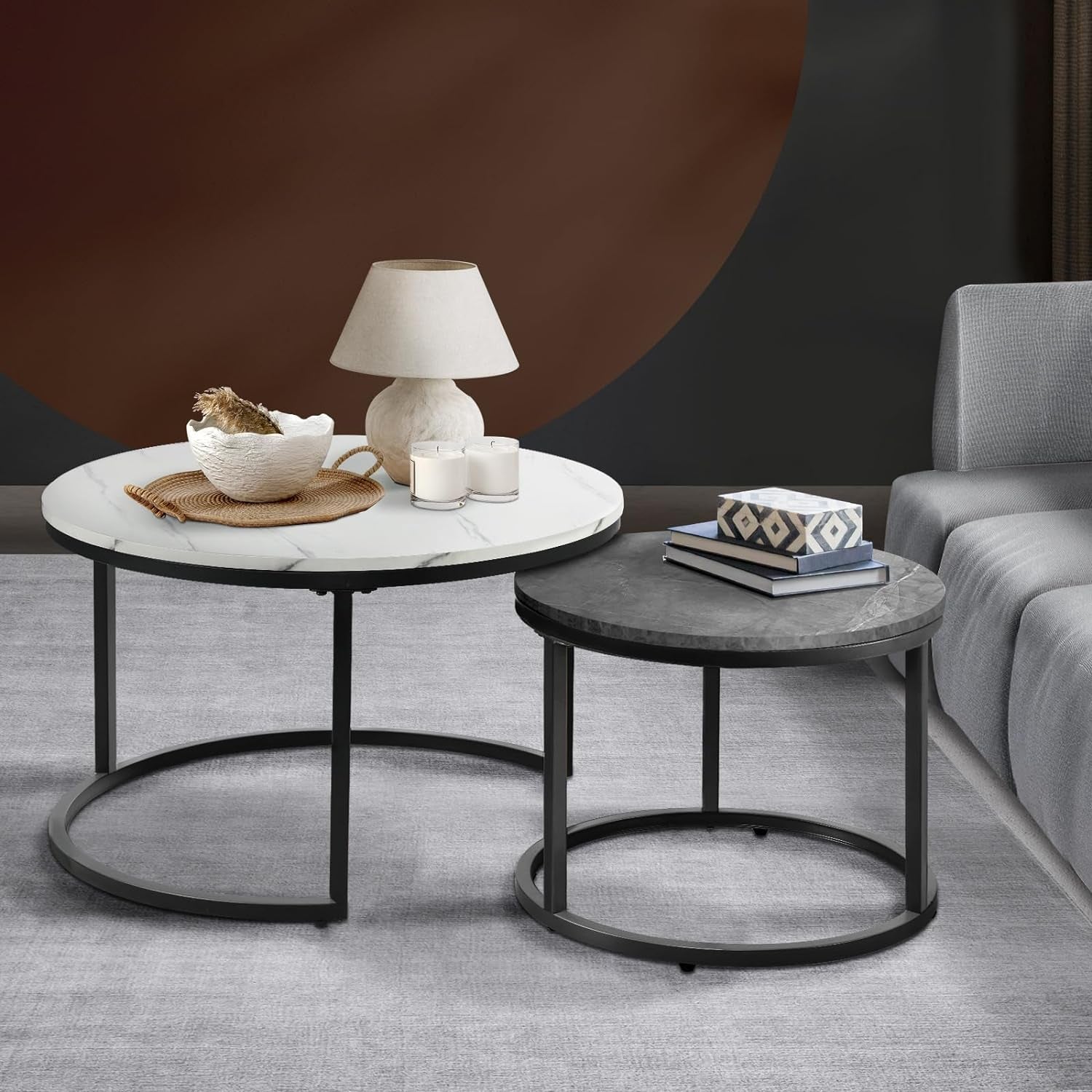 Round Coffee Table Set of 2 Marble Coffee Table Side Nesting Table White and Grey