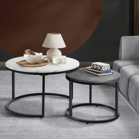 Round Coffee Table Set of 2 Marble Coffee Table Side Nesting Table White and Grey