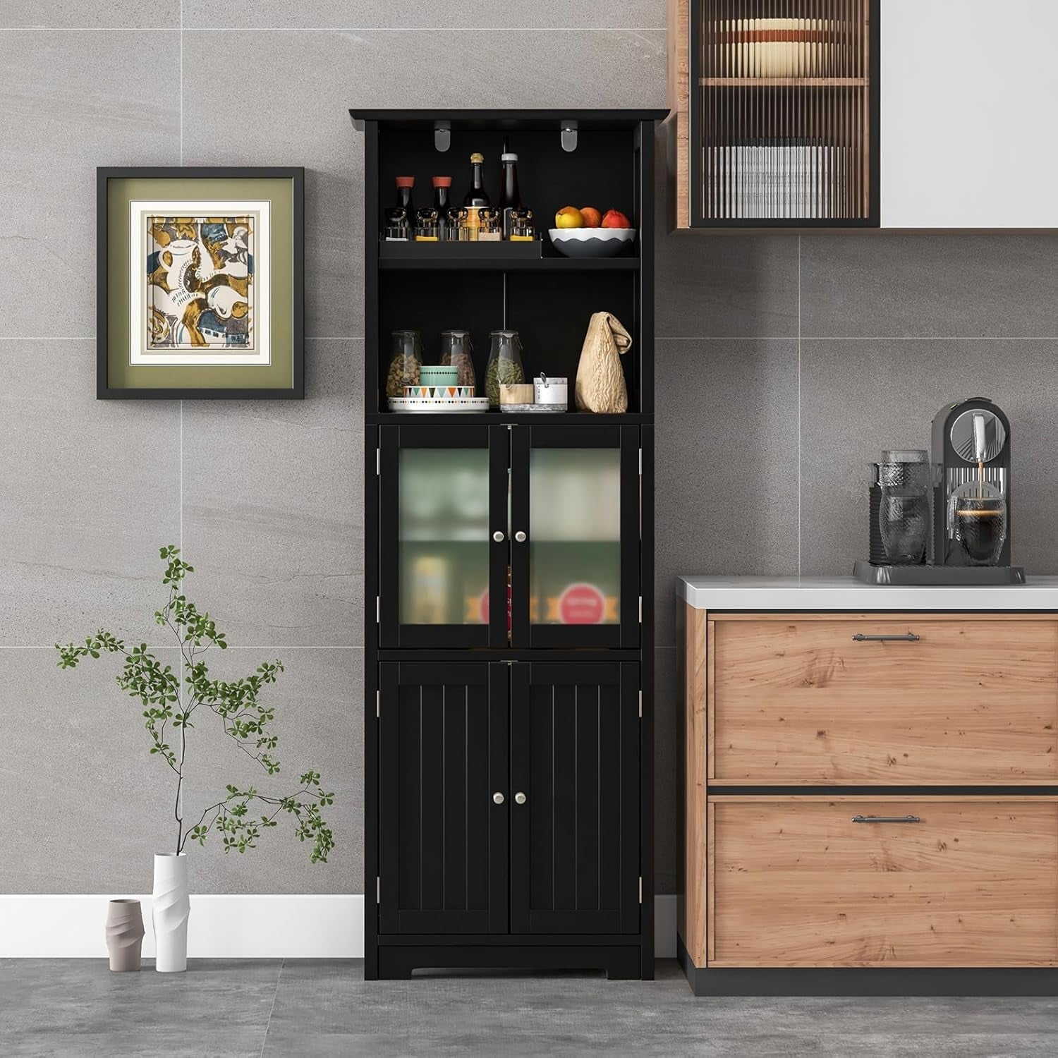Giantex 163Cm Bathroom Storage Cabinet, Kitchen Pantry Cupboard with Glass Doors, Open Storage Shelves & 3-Level Adjustable Shelves, Tall Storage Buffet Sideboard for Living Room Kitchen, Black