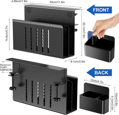 Desk Side Storage, 2 Tier Steel Hanging Desk Organizer with Magnetic Pen Holder, No Drilling Standing Desk Drawer Cable Management Tray, under Desk Laptop Holder for Office, School, Home (Black)
