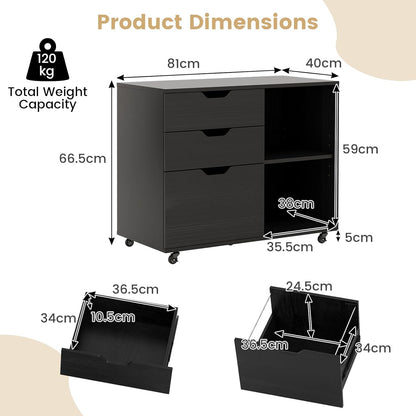 Giantex 3-Drawer File Cabinet, Mobile Printer Stand Cabinet with Adjustable Shelf, Rolling Lateral Filing Cabinet with Wheels for Letter, A4, Legal Size, for Home Office Organization (Black)