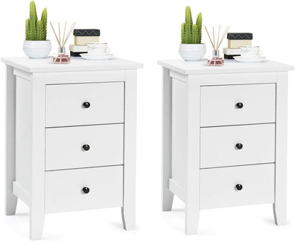 Giantex 2PCS End Side Table, Nightstand W/ 3 Drawers, Modern Bedside Cabinet, Wooden End Table W/Sturdy Structure, Accent Table W/Solid Wood Legs, Bedside Table Sofa Side Table for Bedroom Living Room