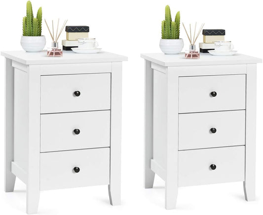 Giantex 2PCS End Side Table, Nightstand W/ 3 Drawers, Modern Bedside Cabinet, Wooden End Table W/Sturdy Structure, Accent Table W/Solid Wood Legs, Bedside Table Sofa Side Table for Bedroom Living Room