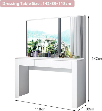 Dressing Table with Mirror Vanity Makeup Table with 3 Drawers Storage Modern Bedroom Furniture White