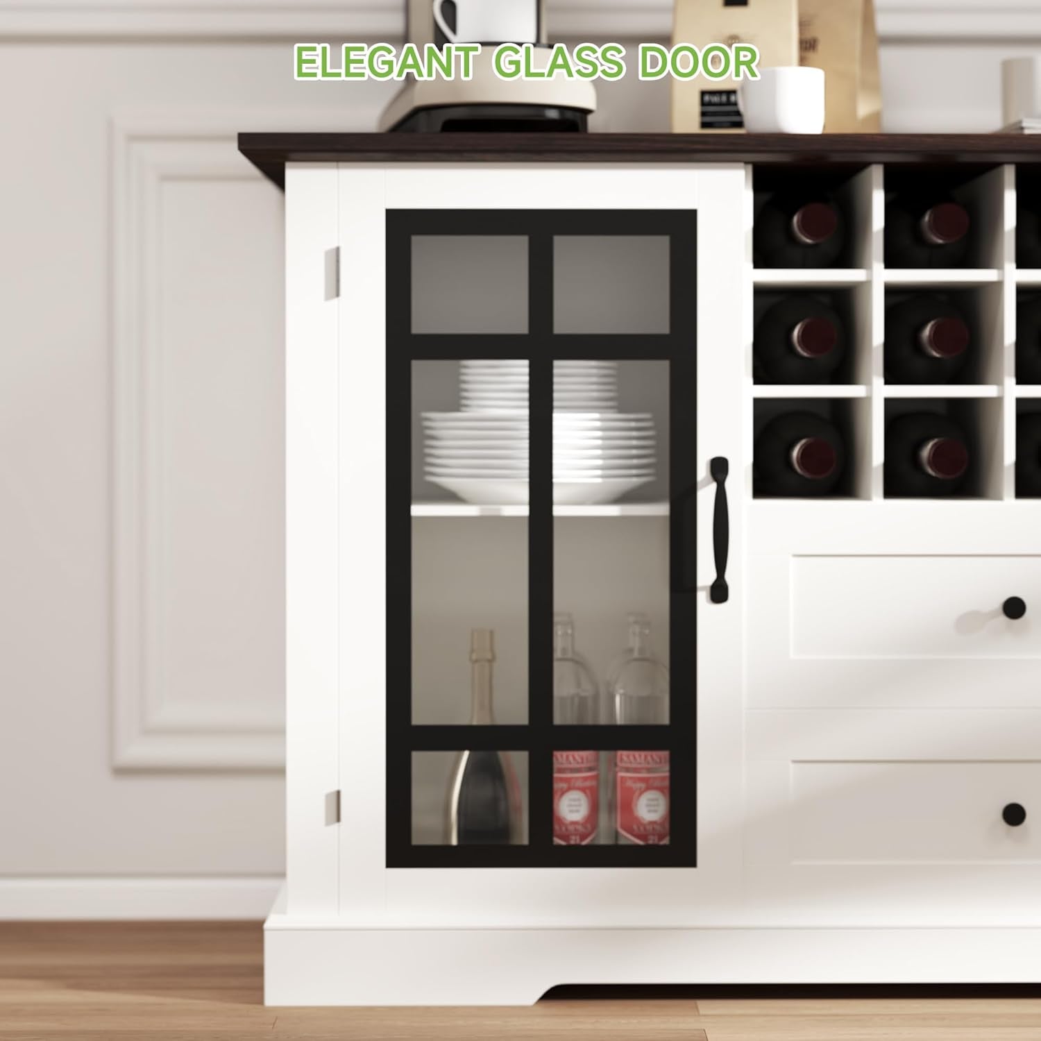 Farmhouse Buffet Cabinet with Storage, Large 59'' Sideboard Wine Coffee Bar Cabinet with 2 Glass Doors, Removable Wine Rack, Buffet Table Storage Cabinet for Kitchen, 