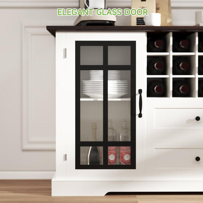 Farmhouse Buffet Cabinet with Storage, Large 59'' Sideboard Wine Coffee Bar Cabinet with 2 Glass Doors, Removable Wine Rack, Buffet Table Storage Cabinet for Kitchen, 
