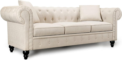 Cerna Chesterfield Sofa Lounge - Diamond Stitching, Swiss Linen-Blend Upholstery, Medium-Firm Cushions, Decorative Pillows, and Easy Assembly in Timeless Elegance, Beige