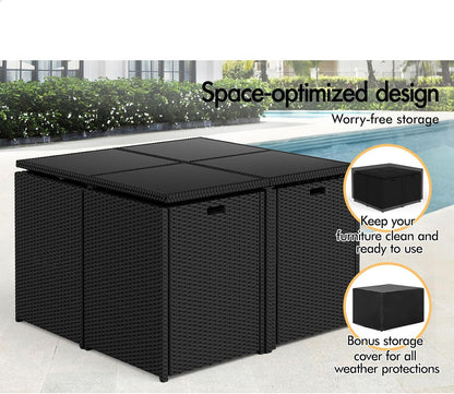 5Pcs Outdoor Dining Set Patio Furniture Garden Armchair, PE Wicker Rattan Lounge Chair and Glass Top Table with Steel Frame & Cushions, Uv-Resistant Conversation Sofa Set with Storage Cover