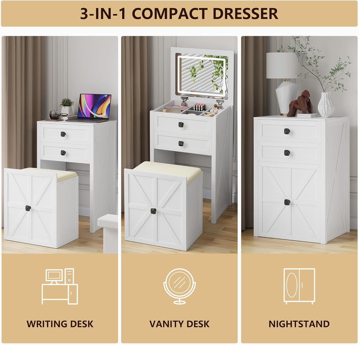 Farmhouse Vanity Desk with Mirror&Lights, 3 in 1 Small Makeup Vanity Set with Stool, Space-Saving Makeup Vanity with Storage Compartment, Dressing Table for Bedroom/Cloakroom, White