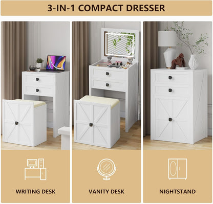 Farmhouse Vanity Desk with Mirror&Lights, 3 in 1 Small Makeup Vanity Set with Stool, Space-Saving Makeup Vanity with Storage Compartment, Dressing Table for Bedroom/Cloakroom, White