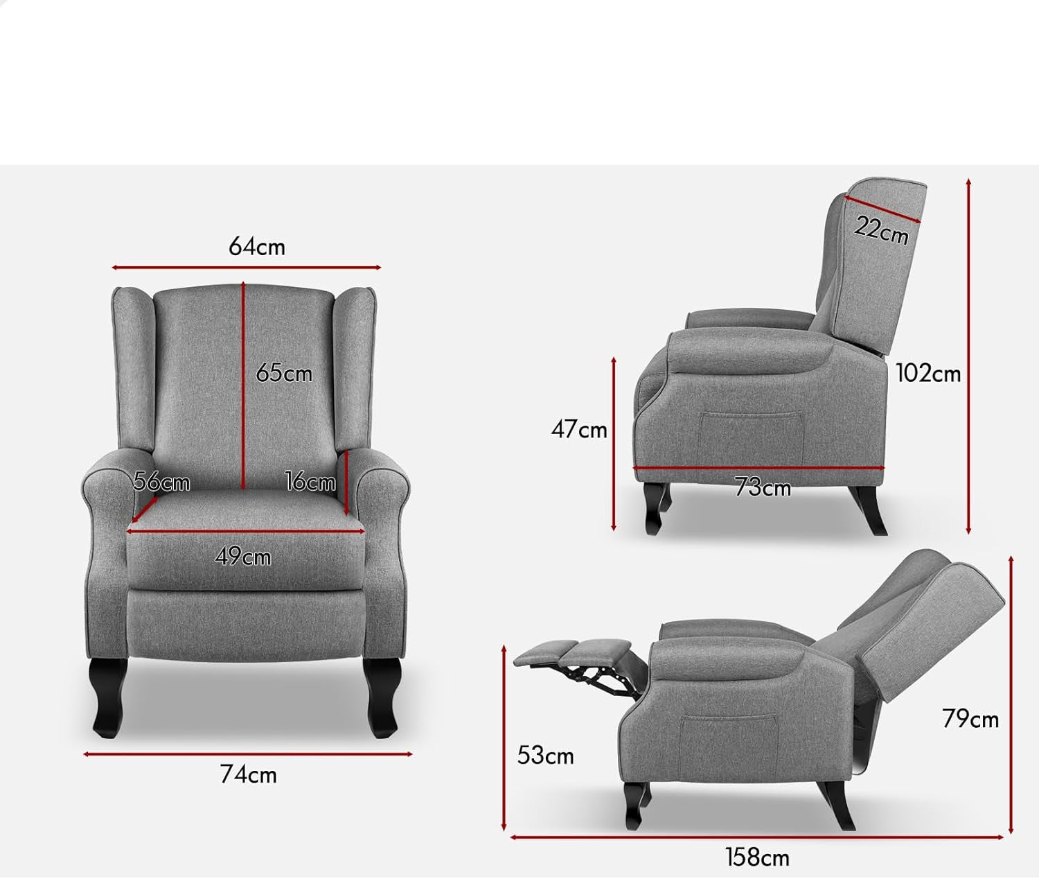 ALFORDSON Grey Sofa Armchair, Recliner Chair for Lounge, Ergonomic Rocking Lounge Home Furniture with 165° Push Back Recline and Padded Seat for Home Bedroom, Living Room Andoffice