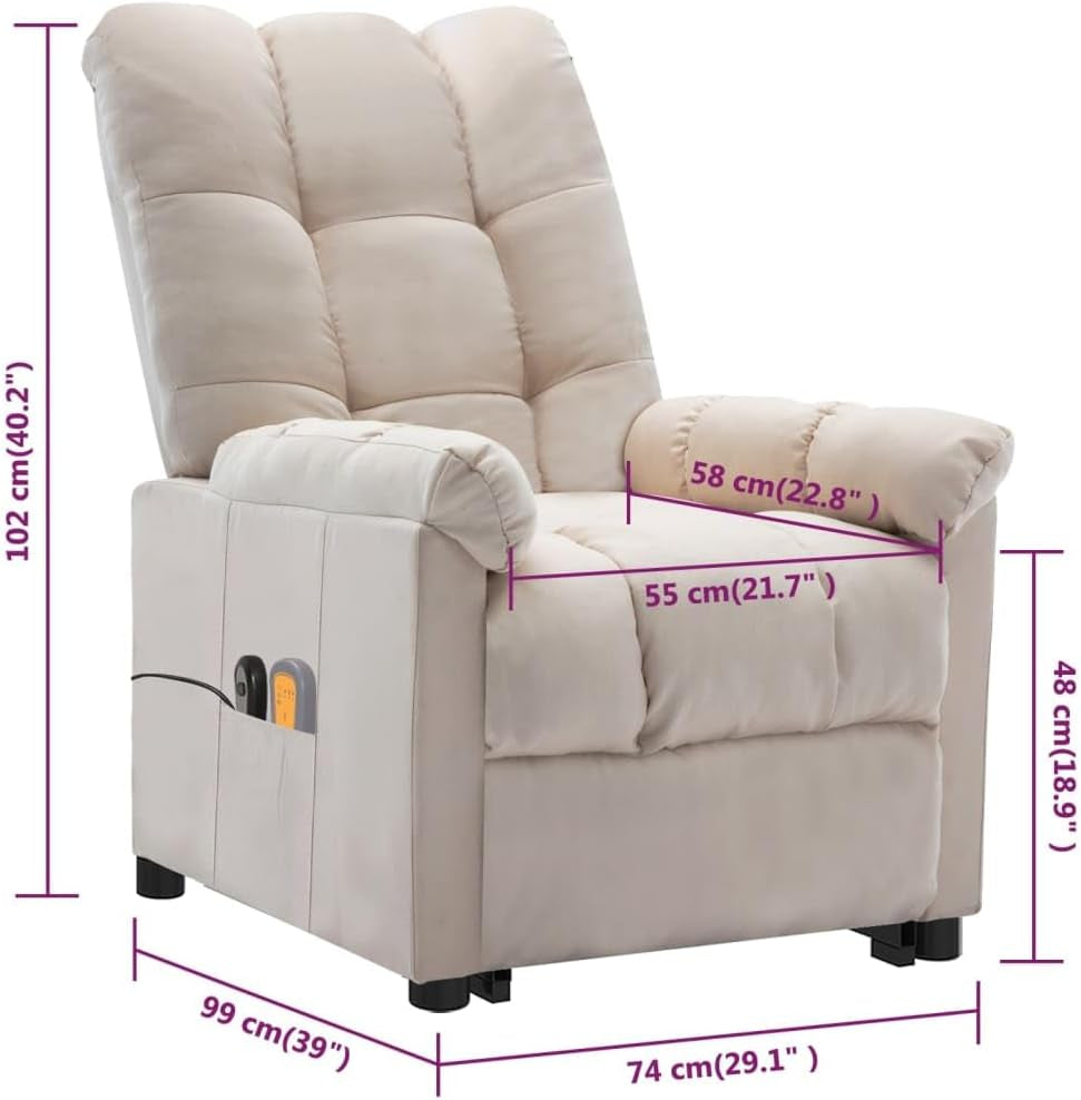 Vidaxl Stand-Up Massage Recliner Chair in Cream Fabric - Electric Power Lift Chair with 6-Point Massage Function, Adjustable Manual Recline and Densely Padded Seat For