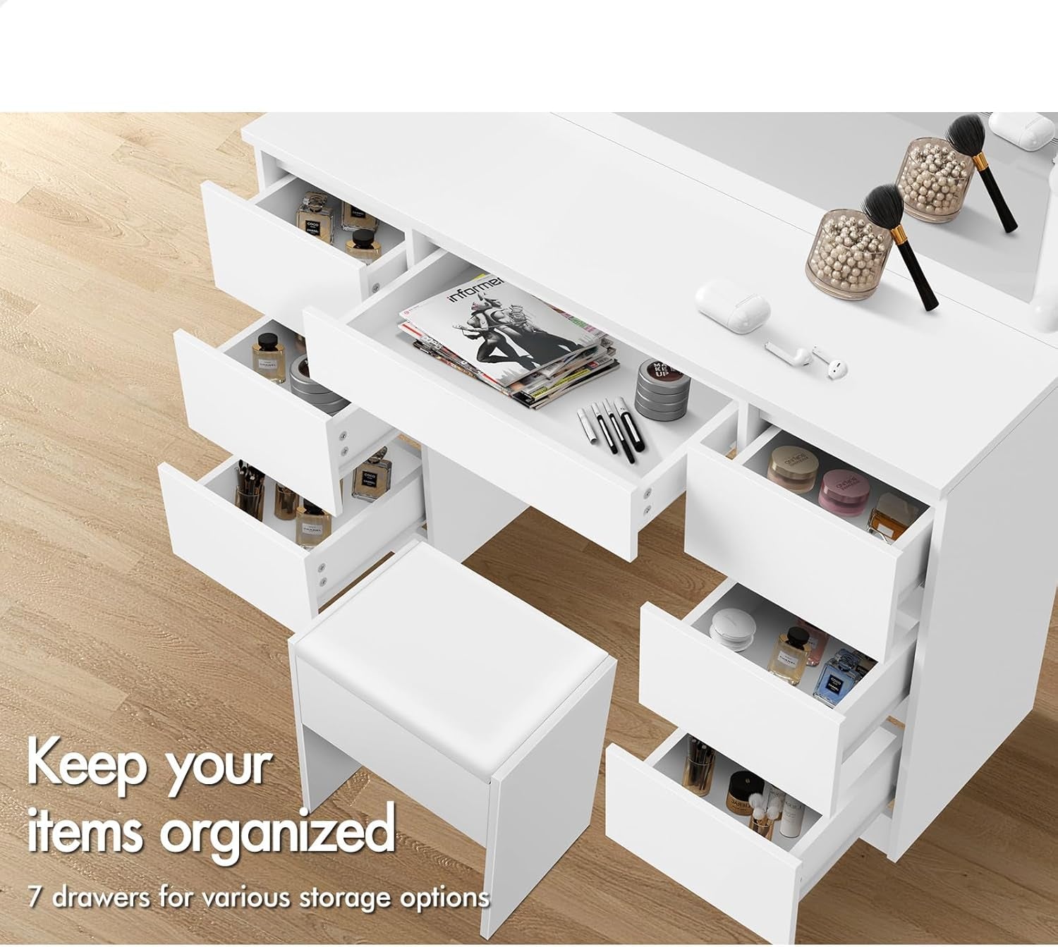 White Dressing Table Stool Set with Mirror, Storage Drawers and Chair, Makeup Mirror Desk with 12 LED Bulbs Adjustable Brightness Levels, Dresser Vanity Table Organiser for Dressing Room