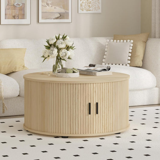  Round Coffee Table with Storage, Mid Century Modern Coffee Table with Sliding Cabinet Door, Wood Coffee Table for Living Room  Oak
