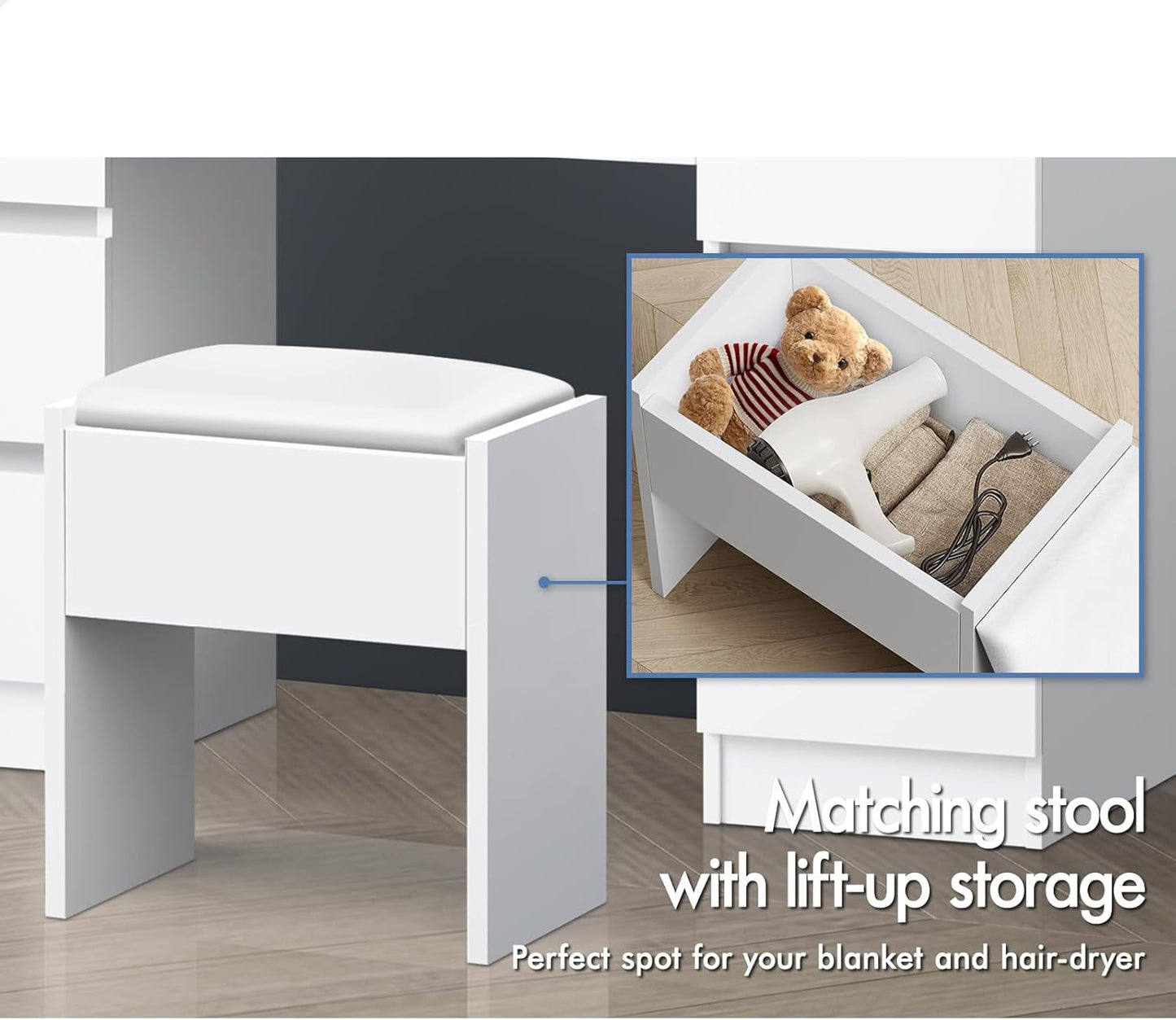 White Dressing Table Stool Set with Mirror, Storage Drawers and Chair, Makeup Mirror Desk with 12 LED Bulbs Adjustable Brightness Levels, Dresser Vanity Table Organiser for Dressing Room