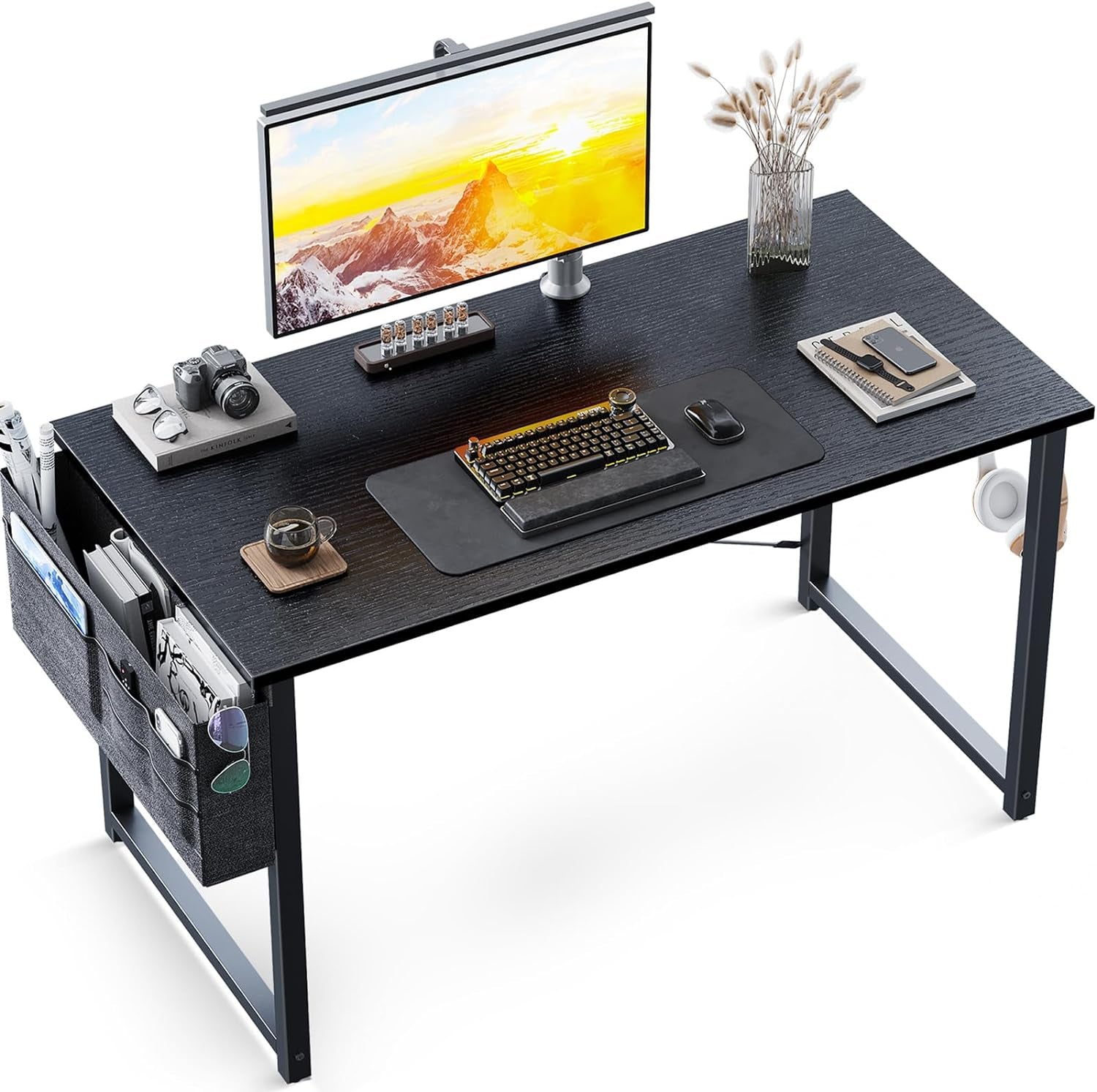 ODK Computer Desk Home Office Desk, Modern Writing Table, Simple Style PC Table with Storage Bag and Headphone Hook,100 * 48Cm White
