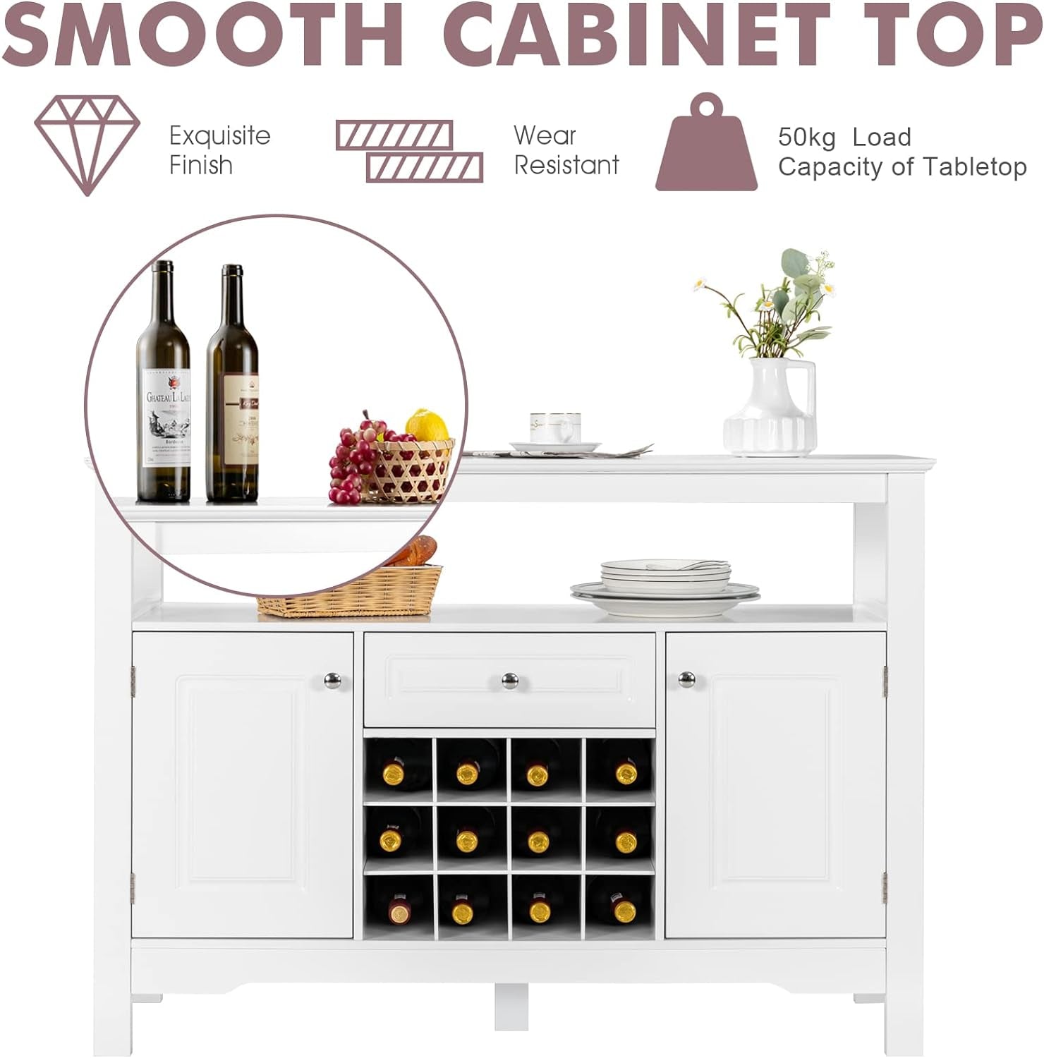 Wood Wine Cabinet, Sideboard Buffet (White)