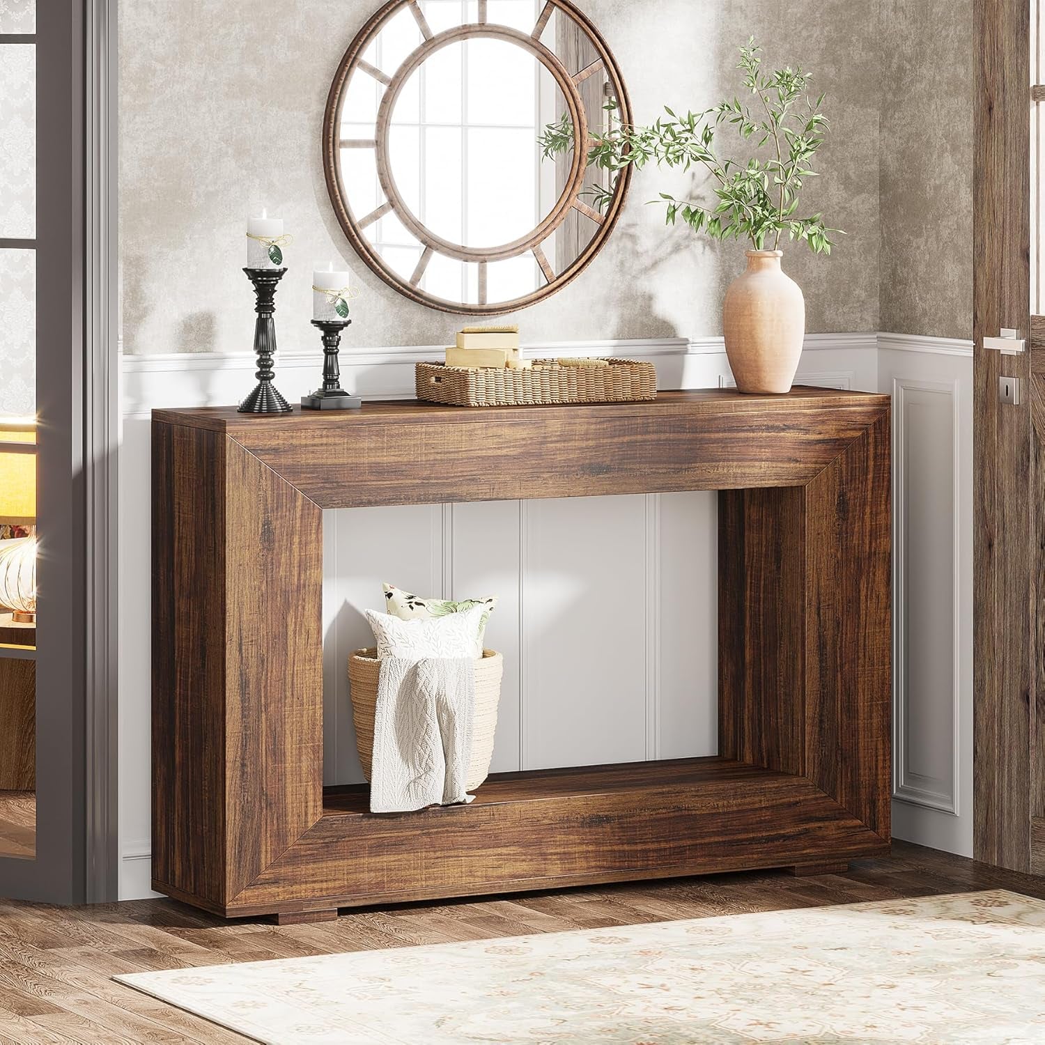 Farmhouse Console Table, 120Cm Entryway Console Table with Storage, Industrial Hallway Accent Table for Living Room, Entrance